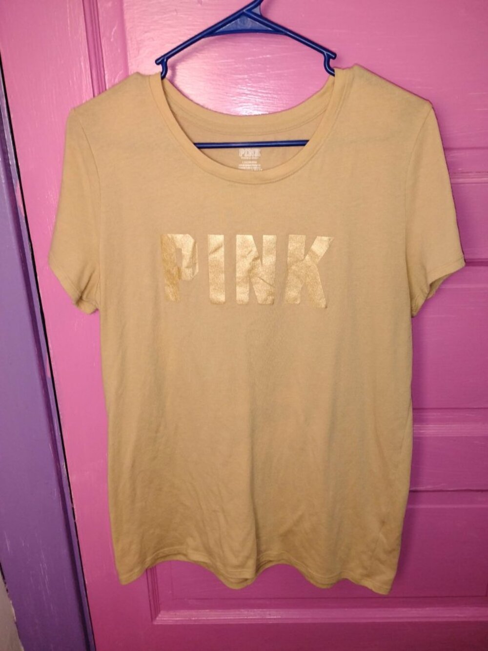 Pink Victoria's Secret Pink Shiny Logo Nude Color Tee Shirt VS Women's Large